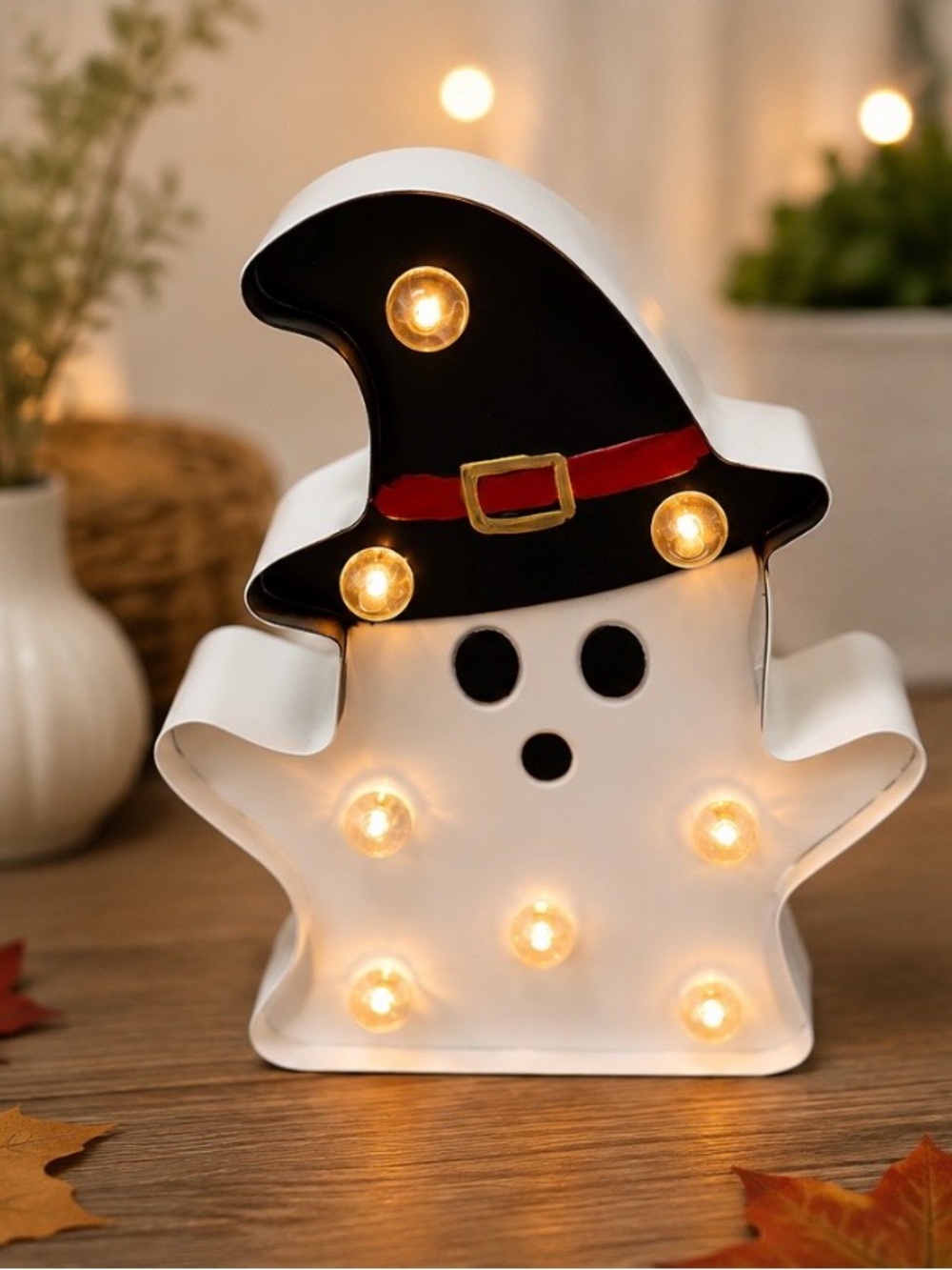 White Ghost with Black Witch Hat, Light Up Ghost, Ghost Halloween Decor
